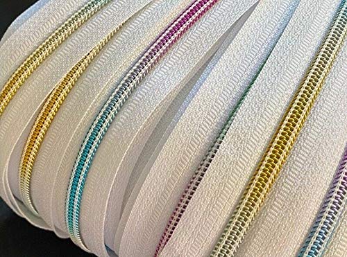 Reißverschluss endlos Spirale Regenbogen 5mm Meterware mit Zipper (Weiß, 10m + 20 Zipper) von Slantastoffe