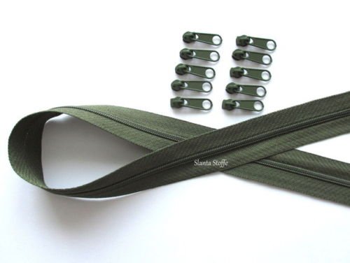 Slantastoffe 10m Reißverschluss endlos, Spirale 3mm + 30 Schieber/Zipper 33 Farben, Meterware (Olive) von Slantastoffe