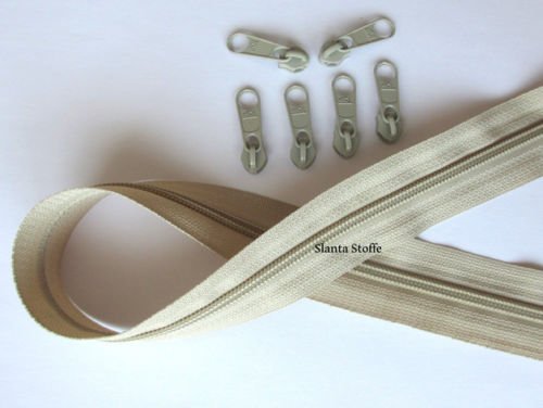 Slantastoffe 2m Reißverschluss endlos, Spirale 5mm + 6 Schieber/Zipper 27 Farben, Meterware (Beige) von Slantastoffe