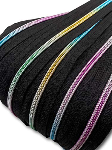 Slantastoffe Reißverschluss endlos Spirale Regenbogen 5mm Meterware mit Zipper (Schwarz, 2m + 6 Zipper) von Slantastoffe