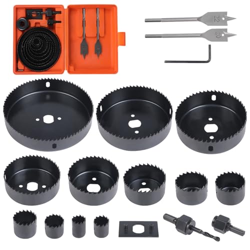 Sleeleece 18 Stück Lochsägen Set, Lochsäge Kit mit 13 Sägeblättern, Bohrkrone,Karbonstahl, Lochsägenschneider-Set,Downlights, Bohrer-Bits für Holz, Gipskarton, Kunststoff von Sleeleece