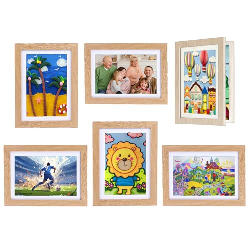 Sleeleece Bilderrahmen Kinderzeichnungen A4 für ca.50-150 Bilder,Frontöffnung Kinder Kunst Rahmen Aufklappbar,zur Aufbewahrung&Darstellung von Kinderzeichnungen/Kunstwerken(6 Stück, Holzfarbe) von Sleeleece