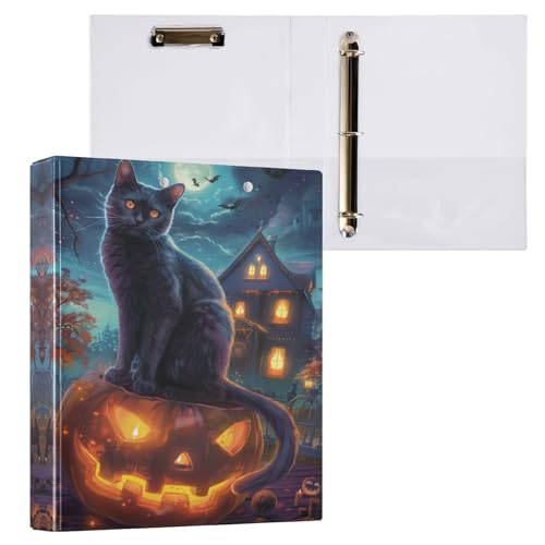 Sletend Halloween Katze Kürbis Hardcover Ringbuch 3,8 cm 3 Ringe, bedruckter Ringordner mit Metall Anti-Rutsch-Clip Klare Tasche Wasserabweisend Runde Ringbücher für Rezept Budget Büro von Sletend