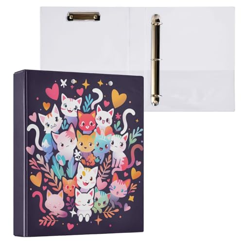 Sletend Niedliche Katze, bunt bedruckter 3-Ringordner für Schule, Büro, 3,8 cm, runder Ringordner für Zuhause, Rezept, Budget, ästhetischer Ordner mit Tasche, rutschfester Metallclip, hält 200 Blatt von Sletend