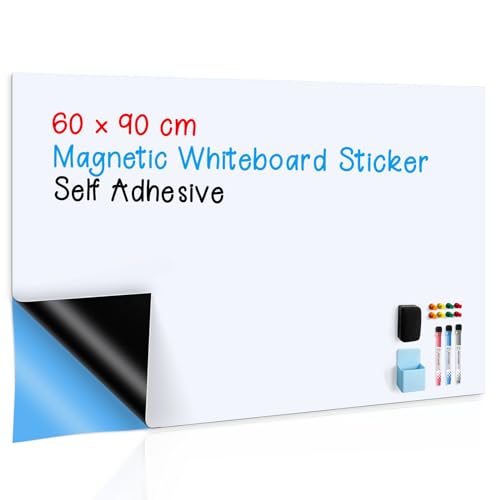 Magnetisches Whiteboard Folie 60x90 cm, Selbstklebendes Whiteboard Wand Aufkleben, Trocken Abwischbare Whiteboard Sticker für Zuhause Schule Büro Mit Stiften, Radiergummi, Stifteablage und Magneten von Sliandtelly