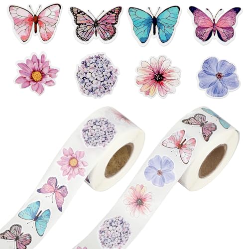 1000 Sticker auf 2 Rollen Sticker Blumen & Schmetterlinge Blumenaufkleber für Kinder, DIY Papier Tape Sticker, Verschiedene Sticker Schmetterlinge Blumen für DIY Handwerk Scrapbooking, 2,5-3 cm Größe von Sliverdew