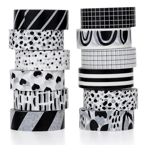 12 Rollen Washi Tape Set Schwarz Weiß Klebebänder Gitter Washi Liebesmuster Tape Set Schwarz Weiß Dekoratives Klebeband Abdeckband Dekor für Scrapbooking Tagebuch Planer Geschenkverpackung von Sliverdew