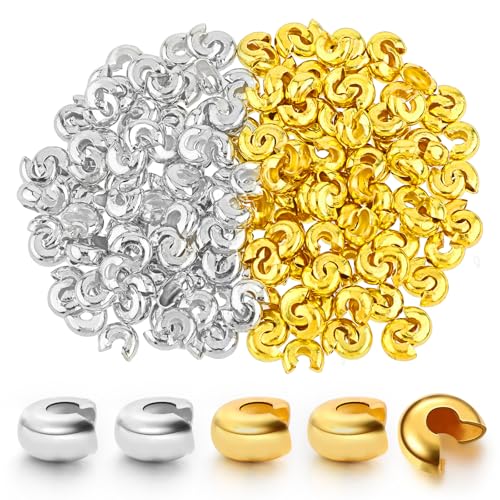 Quetschperlenknotenabdeckungen, 5 mm offen, halbrund, offen, rund, Quetschperlen, Knoten, Abdeckung, Schmuck-Crimp-Abdeckungen für DIY-Schmuckherstellung, Gold und Silber, 200 Stück von Sliverdew