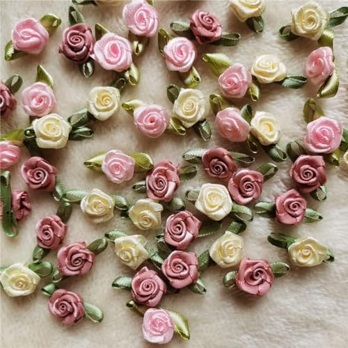 100 Stück 15 mm mehrfarbige Mini-Rosenblüten Satinband Schleifen Applikationen DIY Nähen Handwerk Zubehör Hochzeit Braut Geschenk Dekoration, Stoffbänder, Bänder von Sluswallow