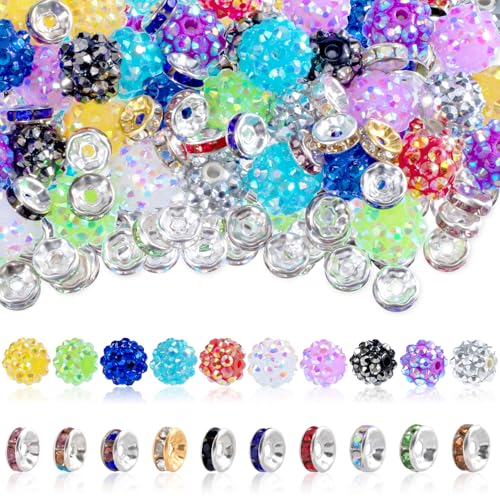 SmallCat 70 x Strass-Perlen für Stifte, 20 x Glitzer-Strass-Kugeln und 50 x Abstandshalter-Perlen, bunte Perlen mit großem Loch für Perlenstifte, Armbänder, Schlüsselanhänger, Schmuckherstellung von SmallCat