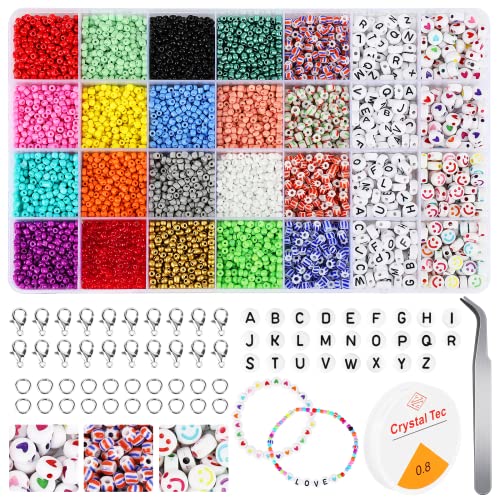 Smarpau Perlen Zum Auffädeln 3mm, 8000 Stück 16 Farben Perlen mit A-Z Ä Ö Ü ß 200 Buchstabenperlen, Armbänder Selber Machen Perlen Set Mit Smiley-Liebe Perlen für DIY Schmuck und kreative Geschenke von Smarpau