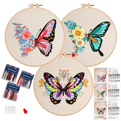 Smart-Feather 3 Stück Schmetterling Stickerei Kit für Anfänger, Hand Stickerei Kits für Erwachsene mit Hoop, DIY-Kunstprojekt-Bastelset (Schmetterling) von Smart-Feather