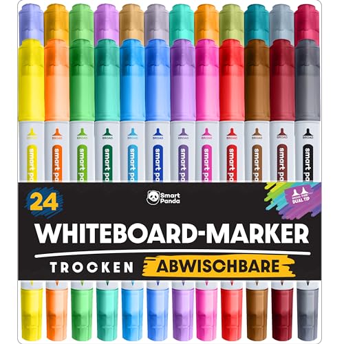 Whiteboard Marker von SmartPanda – Whiteboard Stifte, Folienstift Abwischbar - Doppelspitze, Medium und Fein – Abwischbare Stifte, non Permanent Marker, Whiteboardmarker – 24er Set von Smart Panda