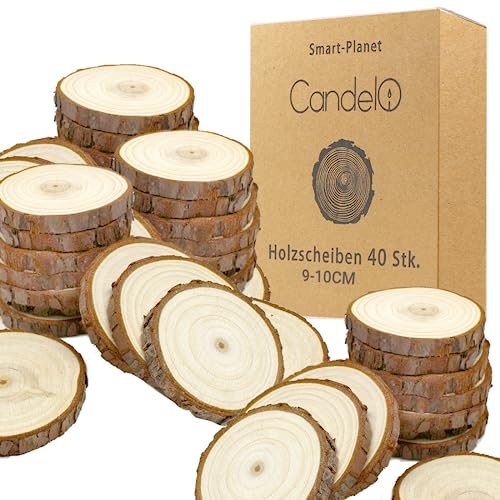 Smart-Planet 40 Stücke Holzscheiben - Rund 9-10 cm Durchmesser Baum Scheiben ohne Loch aus Naturholz - glatte Untersetzer zum Basteln - Holz Log Deko von Smart-Planet