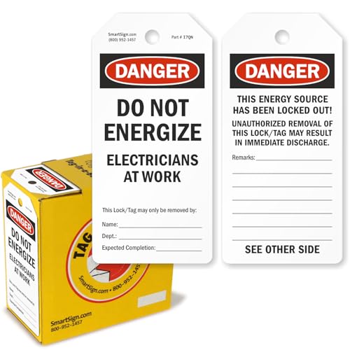 SmartSign 100 Stück "Danger Do Not Energize Electricians at Work" 2-seitig beschriftbare Etiketten in Spenderbox, OSHA-konform, wasserdicht, reißfest, 15,9 x 7,6 cm, 10 mm Kunststoff, Rot/Schwarz auf von SmartSign