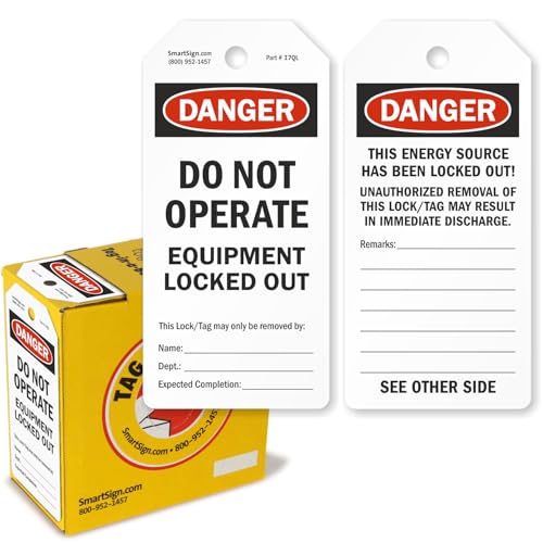 SmartSign 100 Stück "Danger Do Not Operate Equipment Locked Out" 2-seitig beschriftbare Etiketten in Spenderbox, OSHA-konform, 15,9 x 7,6 cm, 10 mm Kunststoff, wasserdicht, reißfest, rot/schwarz auf von SmartSign