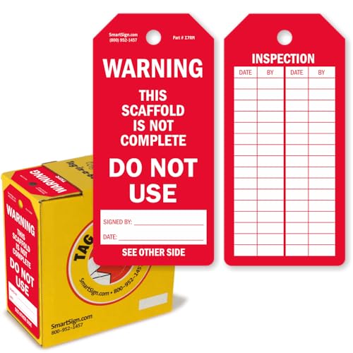 SmartSign 100 Stück "Warning Scaffold is Not Complete Do Not Use" Inspektion 2-seitig beschreibbare Etiketten in praktischer Spenderbox, wasserdicht, reißfest, 15,9 x 7,6 cm, 10 mm Kunststoff, Rot und von SmartSign