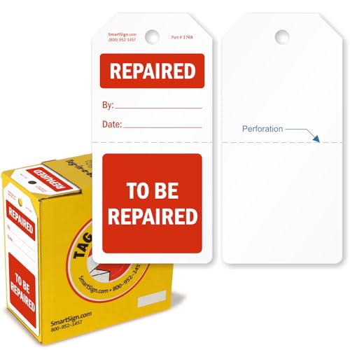 SmartSign 100 Stück reparierte/zu reparierende zweiteilige Etiketten, perforierte beschriftbare Etiketten in Spenderbox, leere Felder für Reparatur/Service-Details, 15,9 x 7,6 cm, 10 mm Kunststoff, von SmartSign