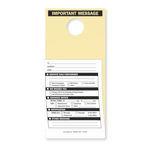 SmartSign 2-teilige NCR "Important Message" Wartungs-Türhänger – 24,4 x 10,8 cm, 7,5-pt Manila-Etiketten mit 15# NCR-Papier, beschreibbar, abreißbar, hergestellt in den USA, 50 Stück von SmartSign