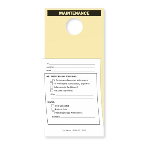 SmartSign 2-teilige NCR "Maintenance"-Türanhänger, 24,4 x 10,8 cm, 7,5-pt Manila-Etiketten mit 15# NCR-Papier, beschreibbar, abreißbar, hergestellt in den USA, 50 Stück von SmartSign