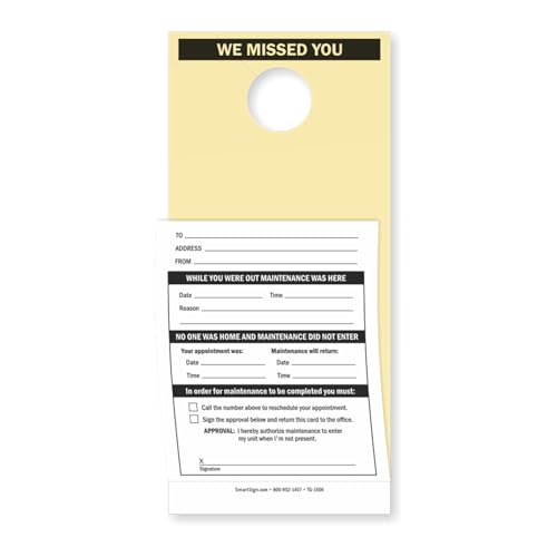 SmartSign 2-teilige NCR "We Missed You" Wartungs-Türhänger – 24,4 x 10,8 cm, 7,5-pt Manila-Etiketten mit 15# NCR-Papier, beschreibbar, abreißbar, hergestellt in den USA, 50 Stück von SmartSign