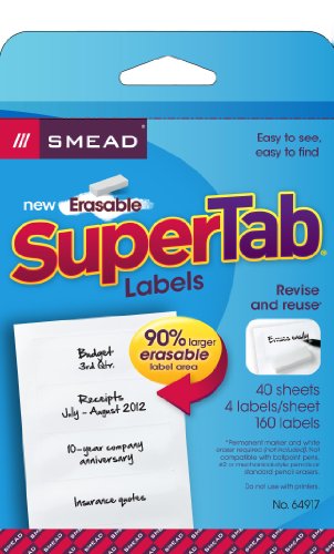 Smead 64917 SuperTab Aktenordneretiketten, löschbar, Weiß, 160 Etiketten pro Packung von Smead