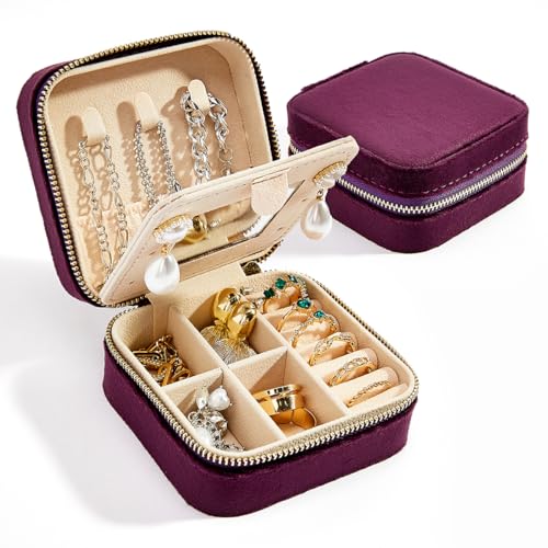 Smileshe Reise-Schmuckschatulle mit Spiegel, Samt-Mini-Geschenketui für Frauen und Mädchen, kleine tragbare Organizer-Boxen für Ringe, Ohrringe, Halsketten, Armbänder von Smileshe