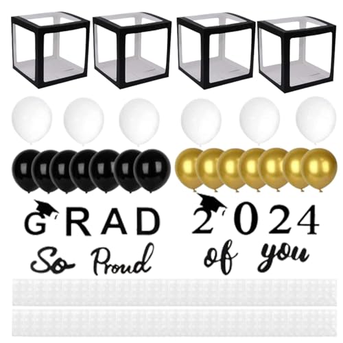 Smileshiney Ballonboxen für die Abschlussfeier,Ballonboxen für die Abschlussfeier 2024, Schwarze Ballonboxen für die Abschlussfeier, Dekorationen für die Abschlussfeier mit Buchstaben „2024 Grad & So von Smileshiney