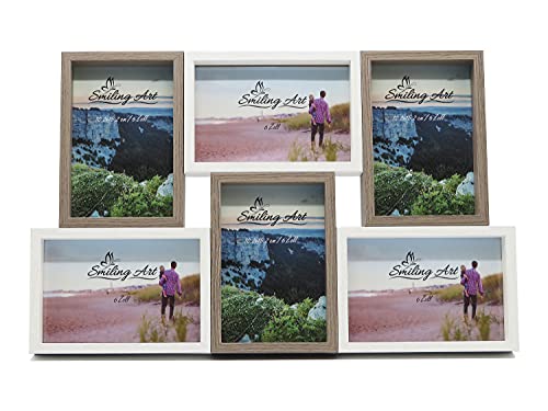 Smiling Art Bilderrahmen Fotorahmen Collage für 6 Fotos, Foto Collage aus MDF Holz mit Glas (Weiß+Dunkelbraun, 6x10x15 cm) von Smiling Art