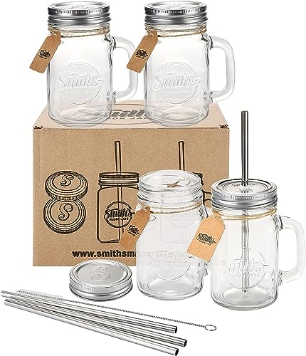 Smiths Mason Jars 4-pc Glasgefäße mit Deckel, Metallstrohhalme und Griffe 16oz/473ml - Perfekt Overnight Oats Jar - Gut für Milchshakes, DIY Säfte, Limonade von Smiths Mason Jars