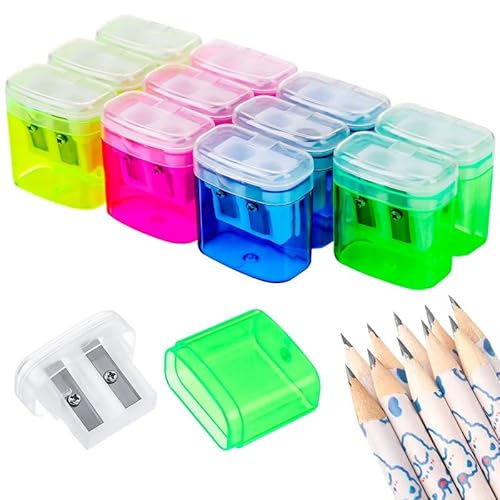 Smivyhp 12 Stücke Spitzer mit Dose, Anspitzer Kinder mit 10 Bleistifte, Doppelloch Anspitzer mit Behälter Manueller Bleistiftspitzer Klein Pencil Sharpener für Dicke und Dünne Stifte von Smivyhp