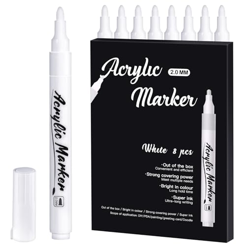 Smivyhp 8er Pack Weiß Acrylstifte, 2 mm Acrylmarker, wasserfest Acrylfarbe Permanent Marker Acrylstift für Schwarzes Papier, Holz, Metall, Glas, Reifen, Leinwand, Steine Bemalen von Smivyhp