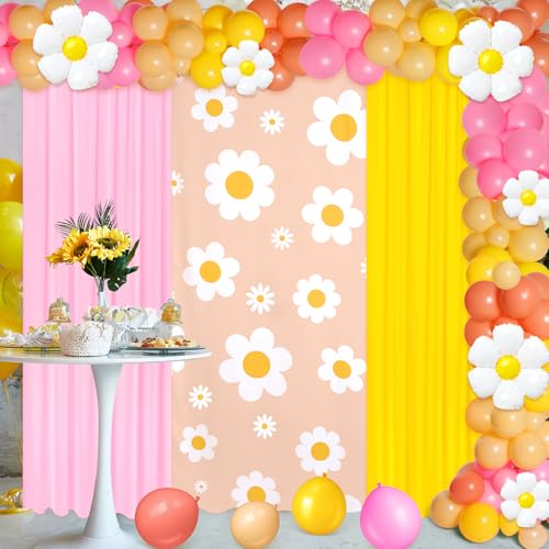 SmoothNovelty 152 Stück Boho Gänseblümchen Ballon Girlande Bogen Kit Groovy Thema Luftballons Gänseblümchen Party Dekorationen Rosa Gelb Gänseblümchen Chiffon Hintergrund Vorhänge für Gänseblümchen von SmoothNovelty