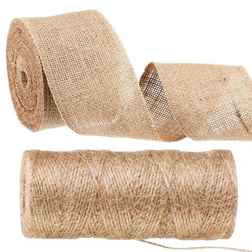 SmoothNovelty Jute-Schnur und -band-Set, 7,6 cm x 9,1 m, Jute-Stoffband mit 90 m langer Schnur für Weihnachten, Hochzeiten im Landhausstil, Geschenkverpackungen, Kränze, Bastelarbeiten von SmoothNovelty