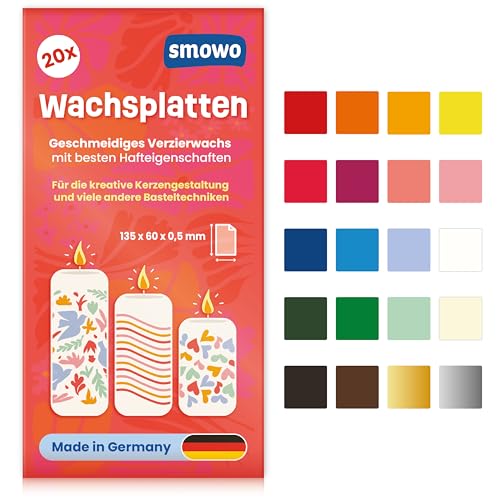 Smowo® 20 Wachsplatten zum Verzieren und Gestalten von Kerzen - Ideal für Kommunion, Taufe und Basteln - Kerzenwachs Platten Set für DIY Kerzenkunst von Smowo