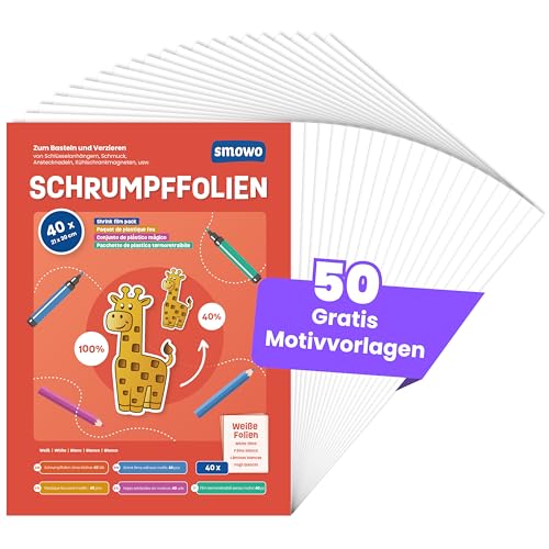 Smowo® 40 Stück Schrumpffolien transparent - schrumpfende Plastikfolien zum basteln - A4 schrumpffolienplatten matt von Smowo