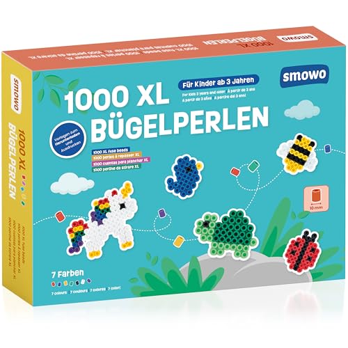 Smowo® Große 10mm Bügelperlen 1000 Stück für Kinder ab 3 Jahren - 7 bunte Farben XL Steckperlen - Kreatives Perlenset von Smowo