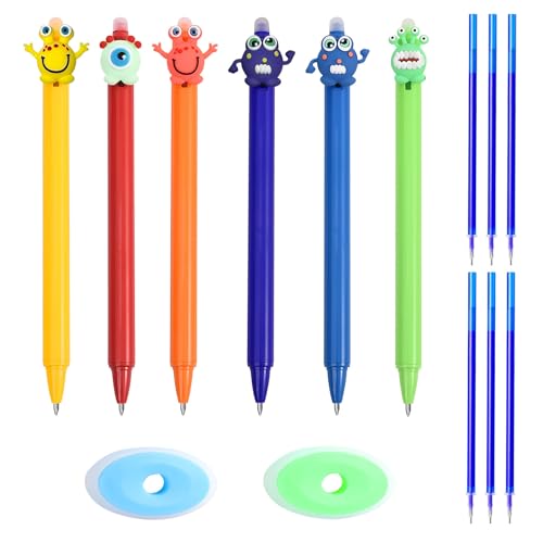 SneiDr 6 Stück Radierbarer Kugelschreiber Blau Radierstift Gelstifte Einziehbare Tintenroller Radierbar 0,5mm Spitze Kawaii Stiften mit 6 Ersatzminen und 2 Radiergummi für Kinder Studenten Geschenk von SneiDr