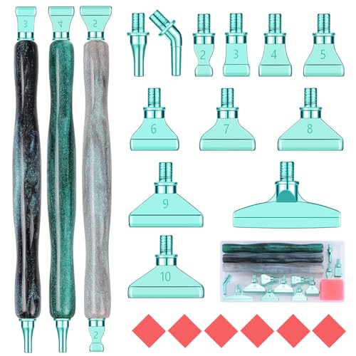 Snewvie Diamond Painting Stift Metall Aufsätze,Diamond Painting Zubehör Set mit 3 Styles 5D Drill Pen und 12 Styles Grün Metall Ersatzköpfe,Diamond Painting Stift mit Gewinde von Snewvie