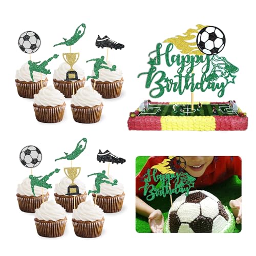 Snowtain 25 Stück Soccer Geburtstag Tortendeko,Glitzer Fussball Cupcake Topper,Fussball Party Tortenaufleger für Sport Thema Mann Junge Mädchen Fussball Party Dekoration Geburtstagsparty. von Snowtain