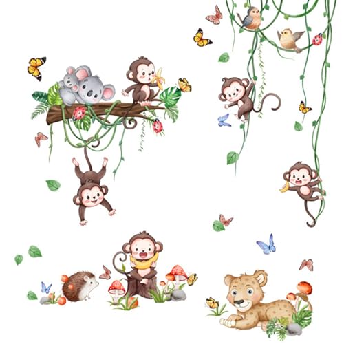 Snowtain Wandtattoo Affen Dschungel Tiere Reben Wandaufkleber,Affe Koala Igel Leopard Schmetterling Wandaufkleber, Waldtiere Baum Wandsticker Babyzimmer Kinderzimmer Schlafzimmer Wanddeko. von Snowtain