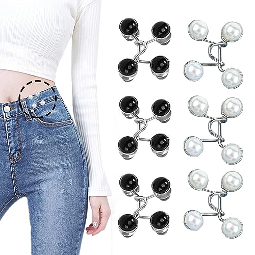 Taillenschnallen Verstellbare, Snowtain 6 Pcs Verstellbare Taillenknopf für die Taille, Kein Nähen Erforderlich, Pearl Jean Knopfnadeln für Jeans Hosen Kleid (Schwarz, Weiß) von Snowtain