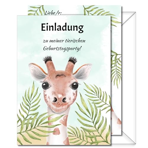 SoSi, 10 Einladungskarten mit 10 passenden Umschlägen inkl. Kuchenrezept, Kindergeburtstag Giraffe, Geburtstag Mädchen und Jungen, Tiere Geburtstag von SoSi