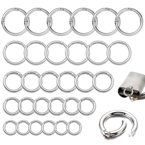 30 Stück Rund Karabinerhaken, O-Ring Federöffnung Taschenringe Schlüsselanhänger, Runde Karabiner aus Zinklegierung, 5 Größen, Frühling Sprung Ringe für Schlüssel Organisation und DIY, Silber von Soaeixa