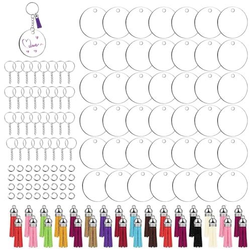 Acryl Schlüsselanhänger, 128 Runde Klare Schlüsselanhängerrohlinge mit Loch, Rohling eines Schlüsselanhängers mit Gebogenem Haken und Quastenanhänger, für Bastelarbeiten, Schlüsseldekorationen, DIY von Soaeixa