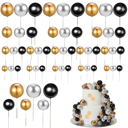 Tortendeko Kugeln, 60 Stück, Mini Ballons Tortenaufleger, Geburtstag Torten Topper, Happy Birthday Cake Topper Mini Ballon, für Geburtstag Hochzeit Party Bedarf Deko, Schwarz, Gold, Weiß von Soaeixa