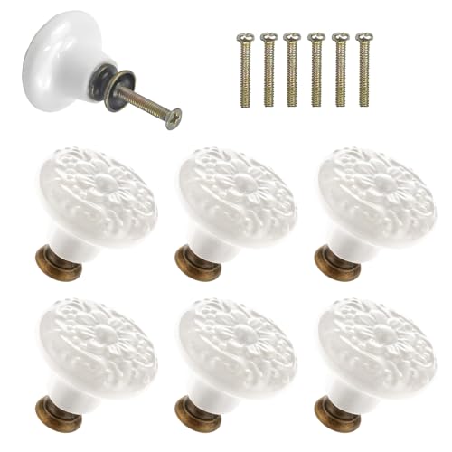 Vintage Schubladengriff Keramik, Schrankknöpfe, 6 Stück Flower Design Drawer Knobs, Kommodenknöpfe, Schubladenknöpfe Set mit Schrauben,Türknöpfe, Möbelgriffe für Schrank, Schrank, Küche (Weiß) von Soaeixa