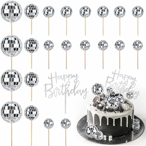 Socluer 22 Stück Discokugel Kuchen Toppers und ein Happy Birthday Topper, 1970S Disco Tortendeko, Disco Ball Cake Toppers für Geburtstags, Disko Themenparty(Silber) von Socluer