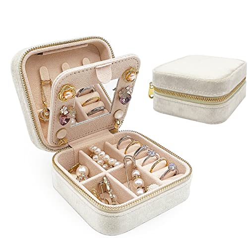 Soddeph Samt-Schmuckschatulle mit Spiegel, Mini-Reise-Schmucketui, Plüsch-Schmuck-Reiseetui, klein, tragbar, Reise-Schmuck-Organizer, Geschenk für Frauen und Mädchen (Schneeweiß) von Soddeph