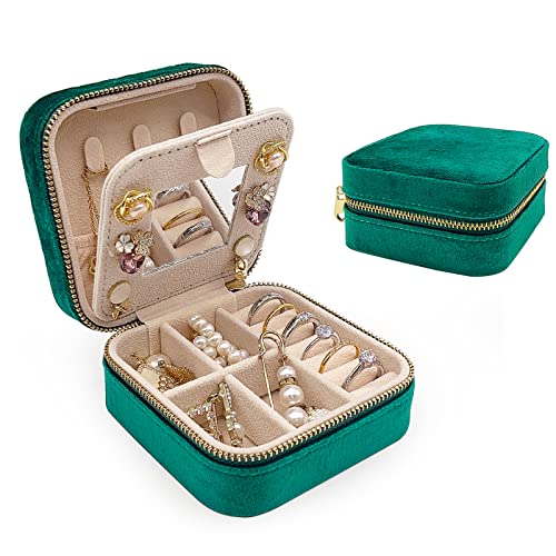 Soddeph Samt-Schmuckschatulle mit Spiegel, Mini-Reise-Schmucketui, Plüsch-Schmuck-Reiseetui, klein, tragbar, Reise-Schmuck-Organizer, Geschenk für Frauen und Mädchen (Smaragd) von Soddeph